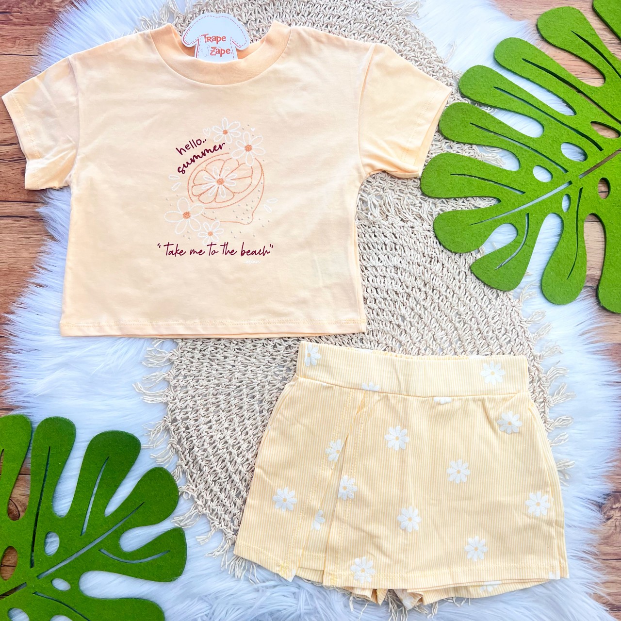 Conj. Blusa Hello Summer e Short Saia Flrorzinhas - Amarelo